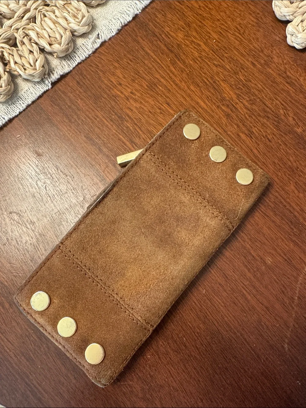 Hammitt Brown Suede Card & Key Holder with Gold Studs